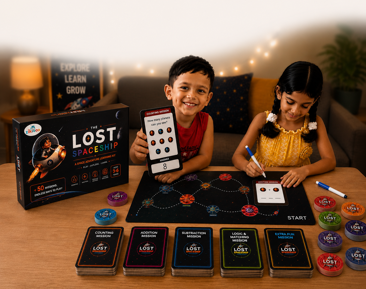 Two children playing a Zikiboo screen-free adventure mission game